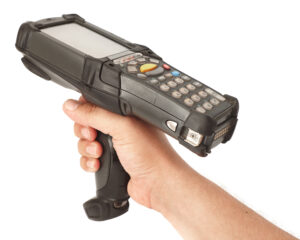 Right Hand Holding Bar Code Scanner On White Background