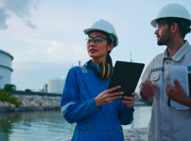 Team Inspection Engineers Working With Laptop Of Oil Factory And Gas Refinery Plant Industry At Night For Inspector Safety Quality Control.