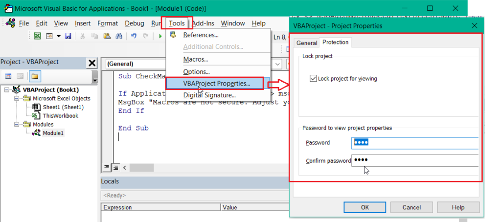 image showing the "Protection" tab in VBA project properties.