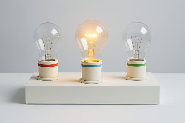 Three light bulbs side-by-side, one is lit. (Light Switch Problem)