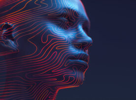 Dark blue illustrated human head, peaceful, with eyes closed. Bright orange contour lines over the face like ideas coursing through smoothed veins.