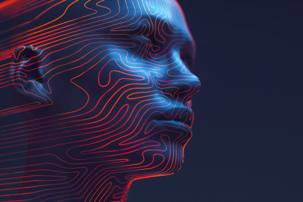 Dark blue illustrated human head, peaceful, with eyes closed. Bright orange contour lines over the face like ideas coursing through smoothed veins.