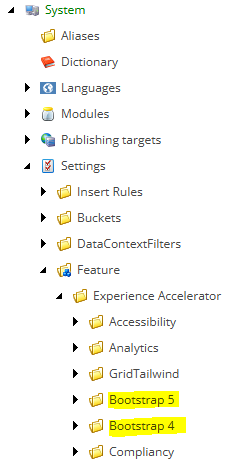 Bootstrap entries in the Sitecore content tree.