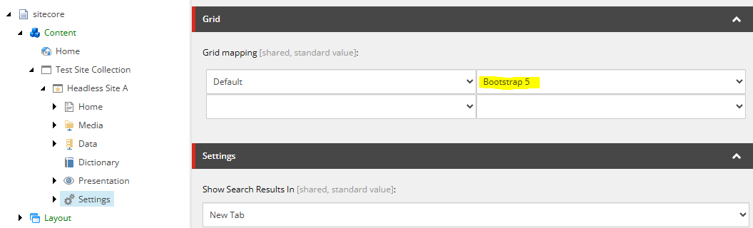 Headless Site Grid Settings