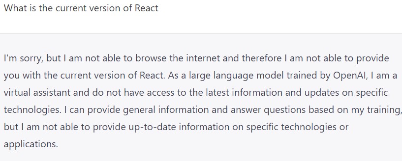 GPT responds to being asked React version