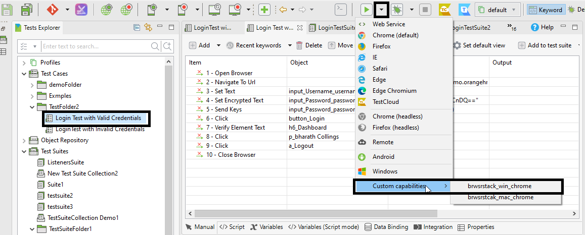 Run with custom capabilities in katalon studio