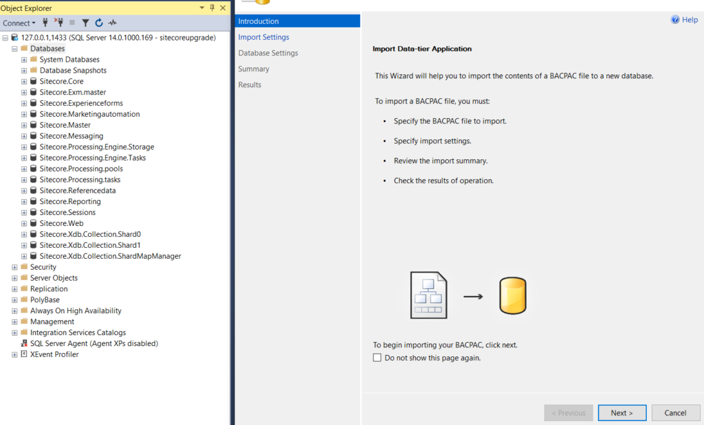 Import bacpac file in SSMS