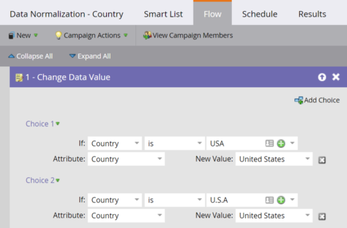 Screenshot of Marketo Custom Data Normalization Country Flow