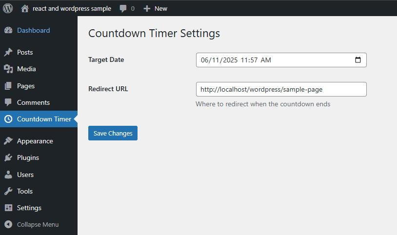 Countdown Timer in WordPress Settings view