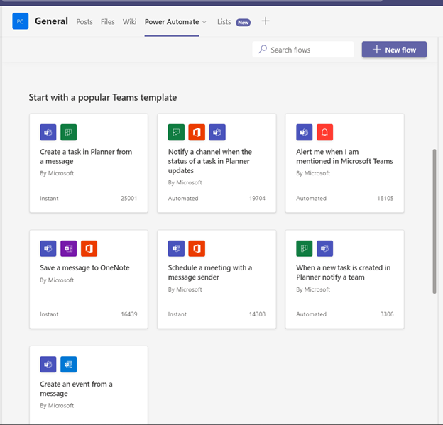 Screengrab of Power Automate options in Teams Templates