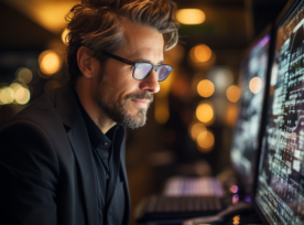 Quizzically Business Man Happy Staring At Screen Of Code