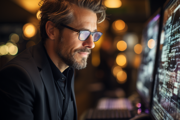 Quizzically Business Man Happy Staring At Screen Of Code