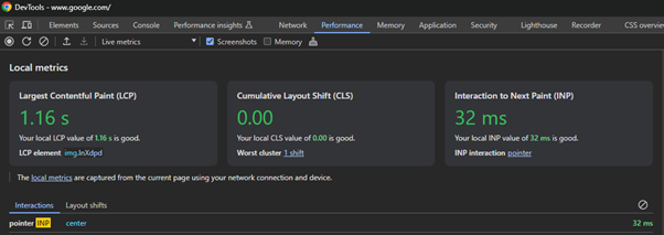 Chrome devtools on performance tab's local metrics 