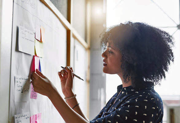 Photo: Woman is planning with post-it notes and markings at a whiteboard.