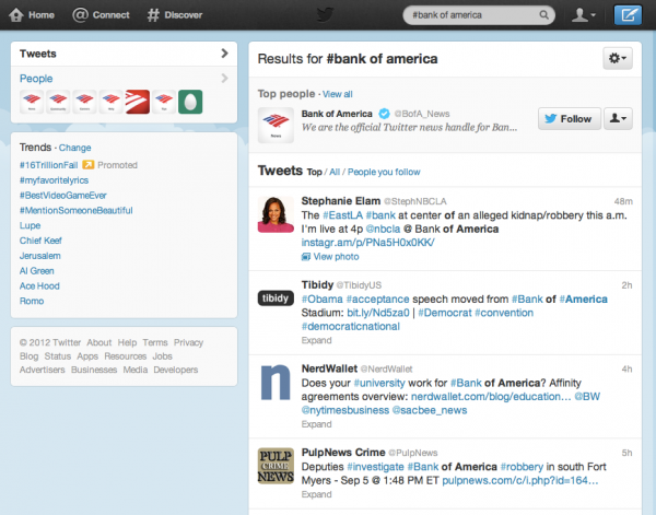 Twitter search on Bank of America September 5 2012