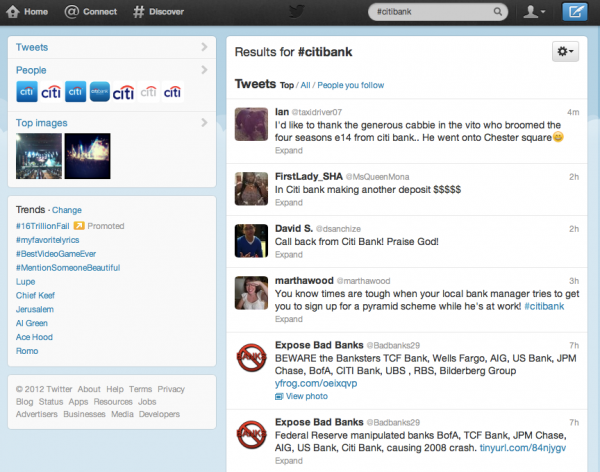 Twitter search on @citibank September 5 2012