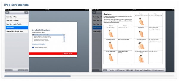Screenshots of Oracles Desktop Client for iPad