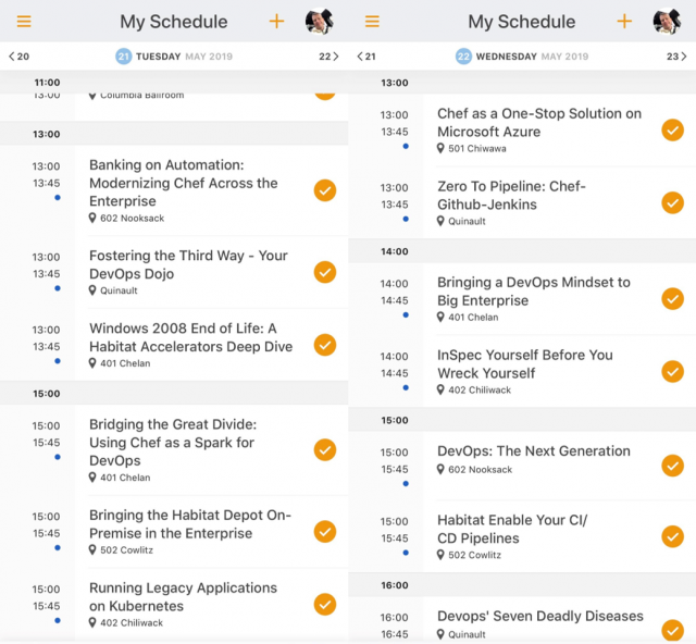 Tuesday Wednesday Schedule for ChefConf 2019