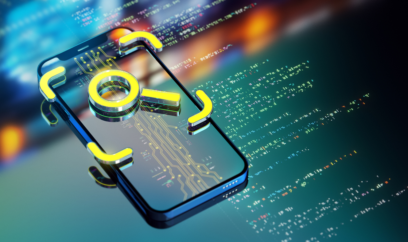 The Power Of Search Engine. Transforming Industries And Customer Service. A Look Into The Future Of Ai Search. Yellow Loupe Icon Processing Data On Smart Phone. Modern 3d Render