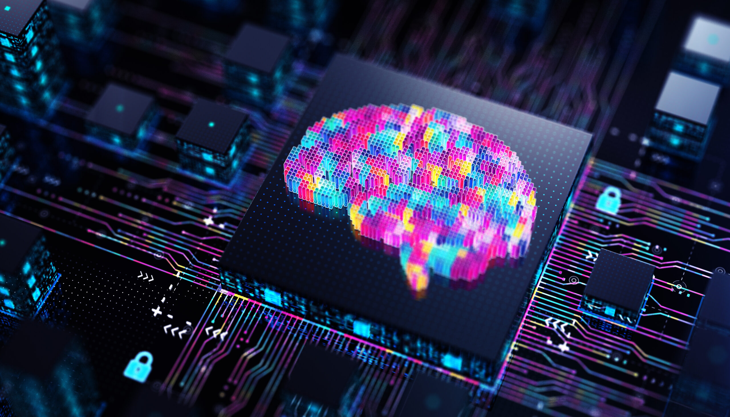 Brain Artificial Intelligence Chip. Machine Learning Digital Mind Technology Concept.