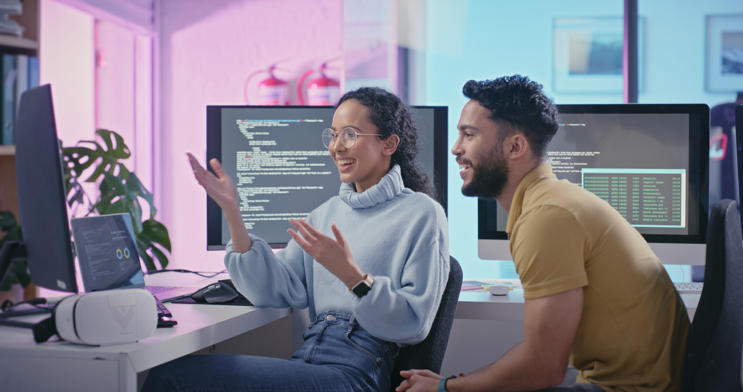 Collaboration, Coding And Programming With An Engineer Man And Woman At Work Together As A Team In A Data Center. Teamwork, Cyber Security And Information With A Male And Female Working On A Database