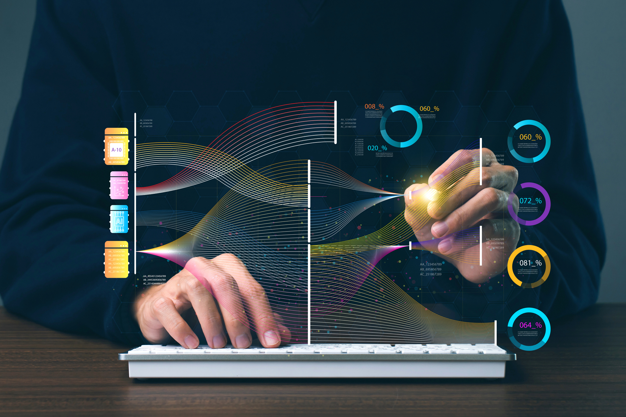 Data Scientists Analyze And Visualize Massive Data On Virtual Screens, Using Ai To Process Complex Data. Big Data Technology And Data Science.data Flow.digital Neural Network.artificial Intelligence