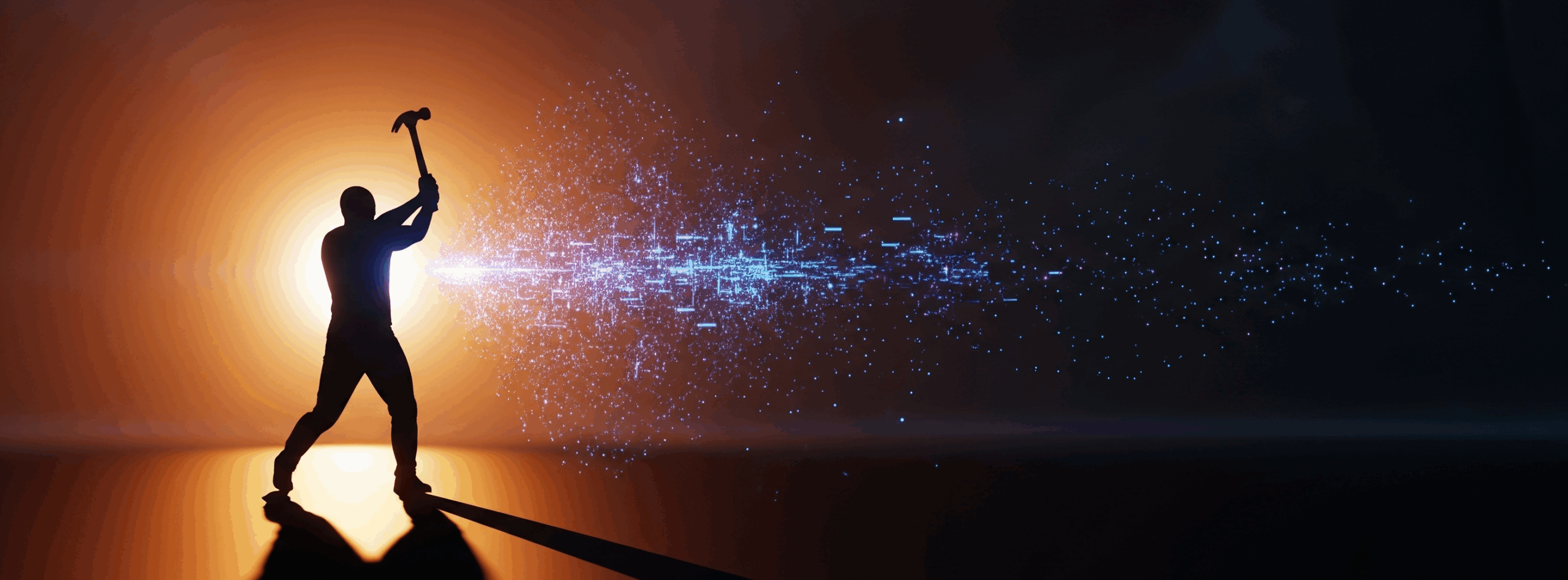 A silhouetted man swings a hammer, creating a burst of digital energy.