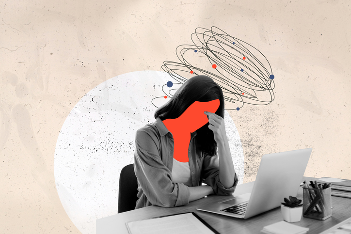 Photo collage and sketch of woman at desk looking overwhelmed.