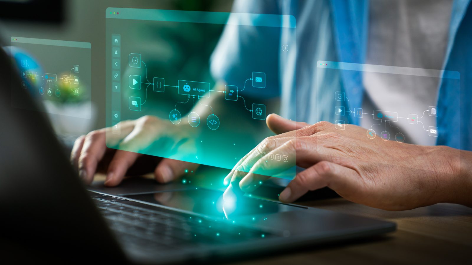 Business Professional Using Laptop With Ai Workflow Automation Interface, Displaying Connected Process Nodes, Data Integration Icons, And Intelligent System Orchestration For Digital Operations