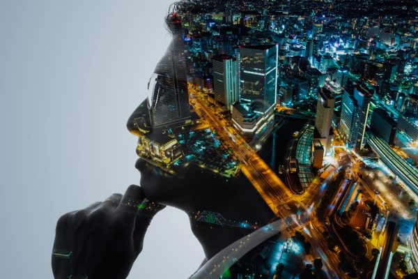 Society And Engineer Concept. Double Exposure.