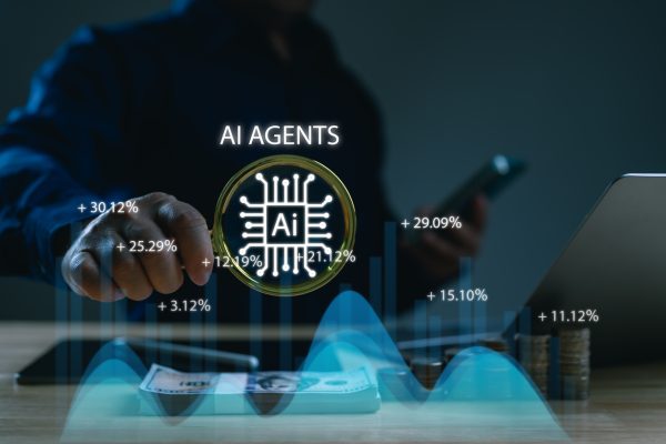 Businessman Analyzes Ai Agents' Investment Performance With Magnifying Glass Over Futuristic Chart. Concept Stock Market Profit, Financial Growth, Business Success, Wealth Generated Artificial