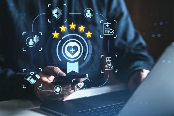 Customer Service Rating And Healthcare Feedback Concept With Five Star Review Icons And Medical Symbols On Digital Screen Interface Background.