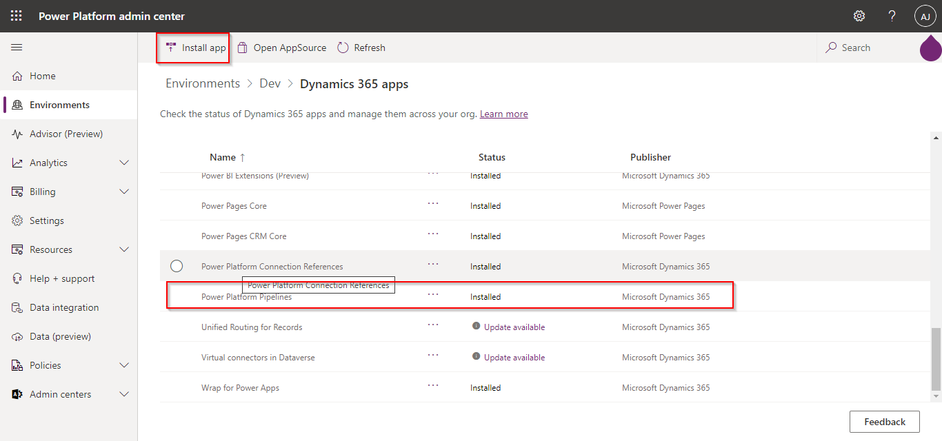 Install Power Platform pipeline App.