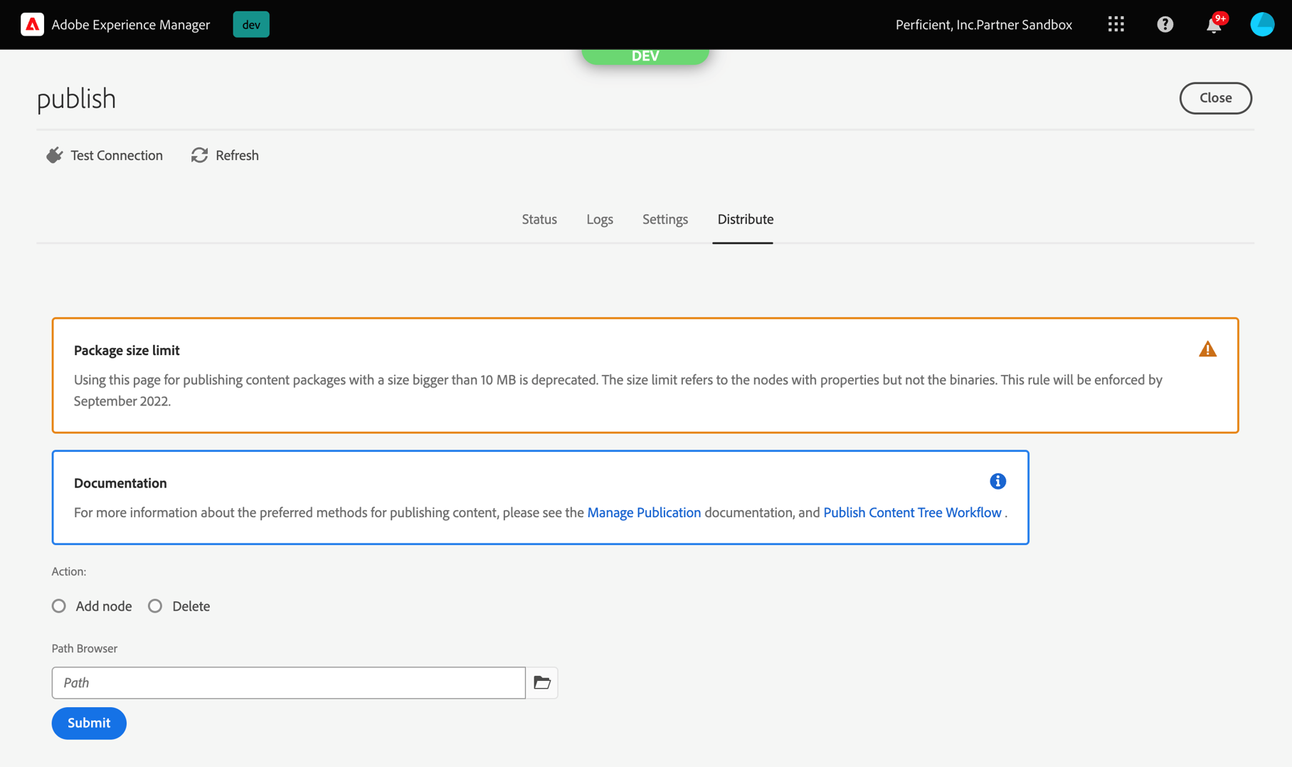 AEM Publish Distribute Tab